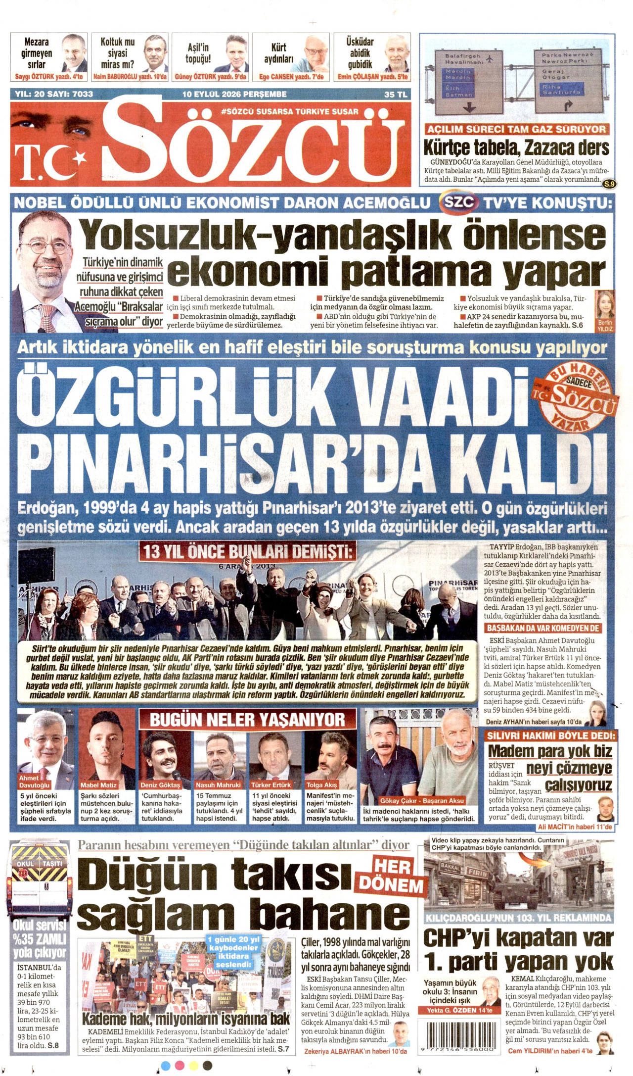 Sözcü Gazetesi gazetesi manşeti