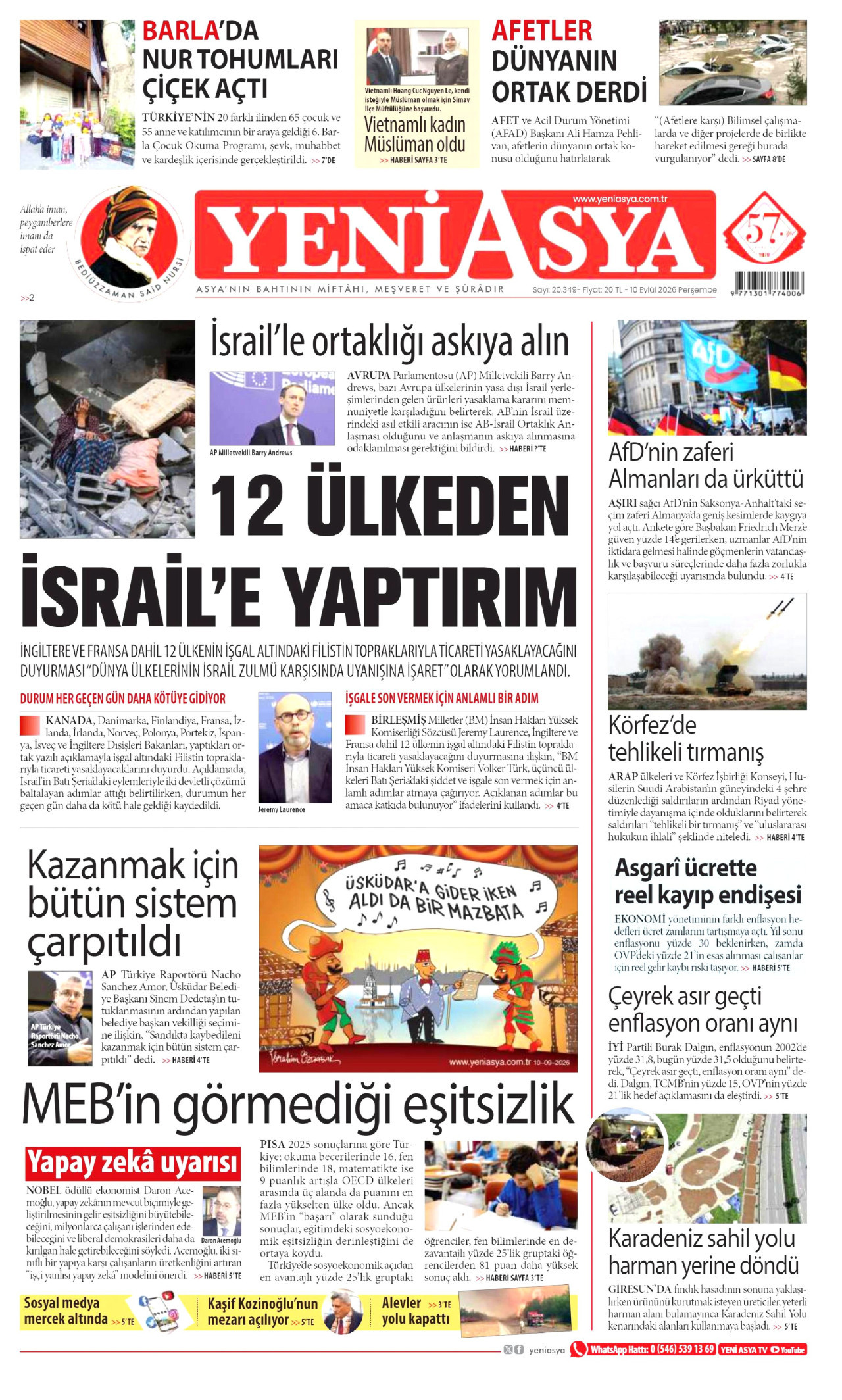 Yeni Asya Gazetesi gazetesi manşeti