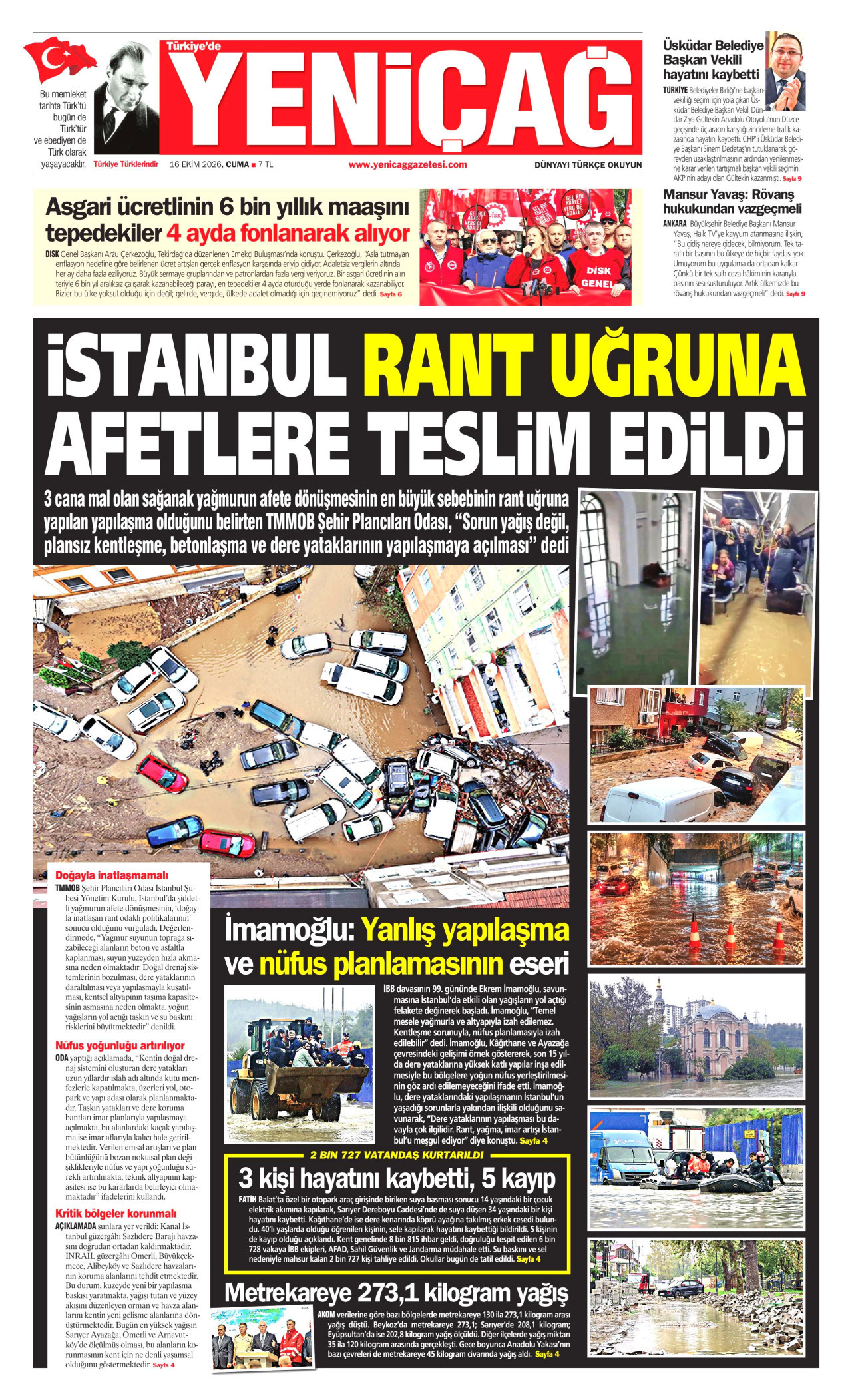 Yeniçağ Gazetesi gazetesi manşeti